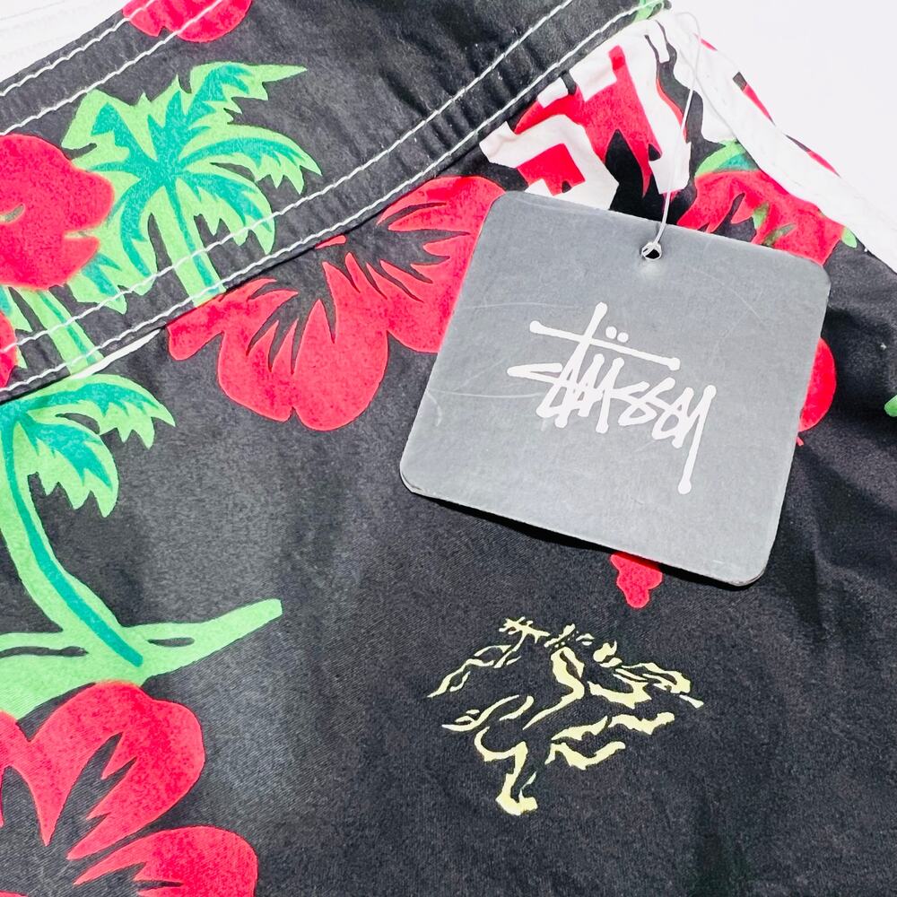 Vintage Stussy Aloha Nylon Shorts Men 34 Black Red Green Rare New With Tags - Picture 4 of 6